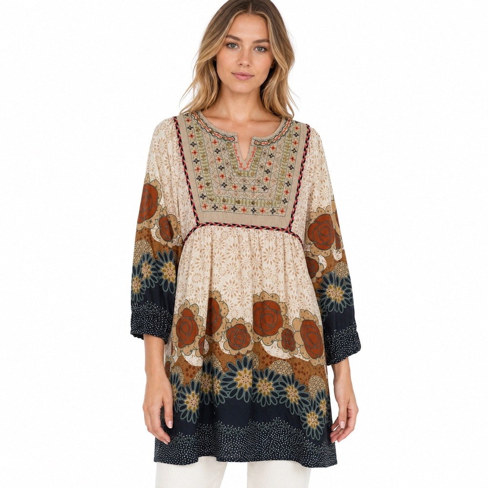 Vintage Passports Pier 1 Imports Embroidered Floral Boho Tunic Blouse L